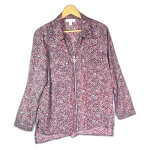 MICHAEL Michael Kors Burgundy Paisley Zip Front Tunic Blouse XL Boho Roll Tab